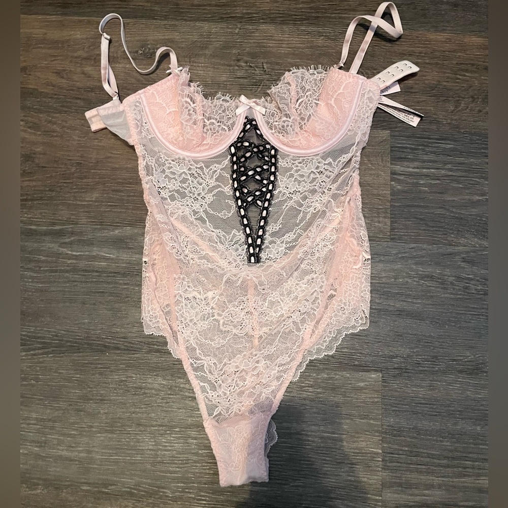 Victoria's Secret Pink and Black Lace Up Detail Thong Bodysuit Small